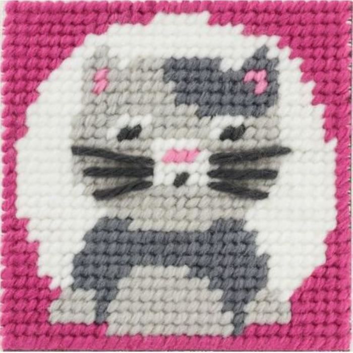 Kit Canevas Complet Le Chat Choupette 15x15 Cm - Broderie Enfant Gros Trous Dès 6 Ans