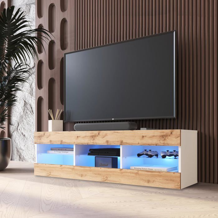 Meuble TV Tivoli RTV Komodee - LED Bleues - Bois naturel et Blanc - Facades en Mat - 140 x 41 x 35 cm Meuble TV Tivoli RTV Komodee - LED Bleues - Bois naturel et Blanc - Facades en Mat - 140 x 41 x 35 cm