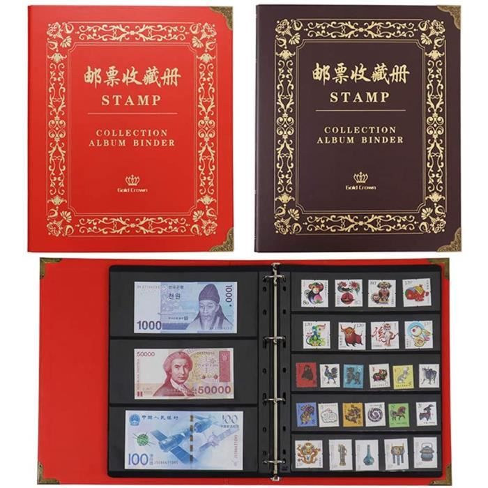 ZHXY Album Timbres classeur Timbre Collection de 60 Timbres différents Classeur Album pour Timbres,intérieur Noir couv. Rouge Album pour médailles Souvenirs
