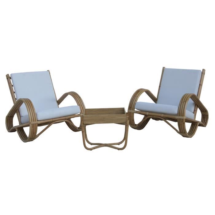 ensemble de fauteuils en rotin naturel et table centrale pour terrasse jardin chillvert parma 68x83x68 cm avec coussins blancs