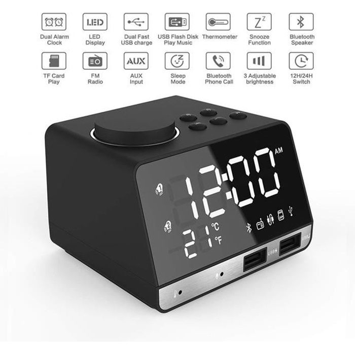 Radio Réveil NumériqueHaut-Parleur BluetoothDouble alarmes2 Port USBAUX Carte TFDisque UAffichage Thermomètre Chambre
