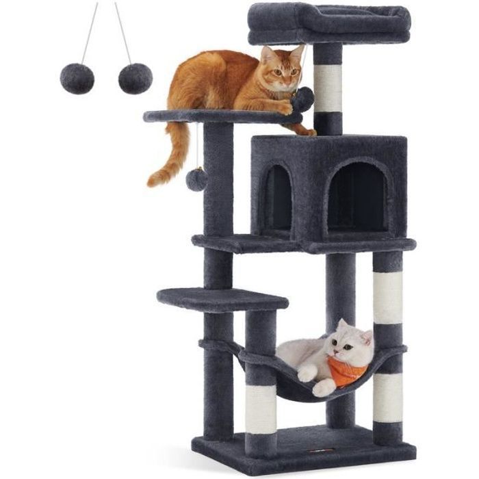 Meilleurs prix pour Arbre à Chat - FEANDREA - Hauteur 112 cm - 4 Poteaux à Griffer - 2 Plateformes - 1 Niche - 1 Hamac - Gris Fumé