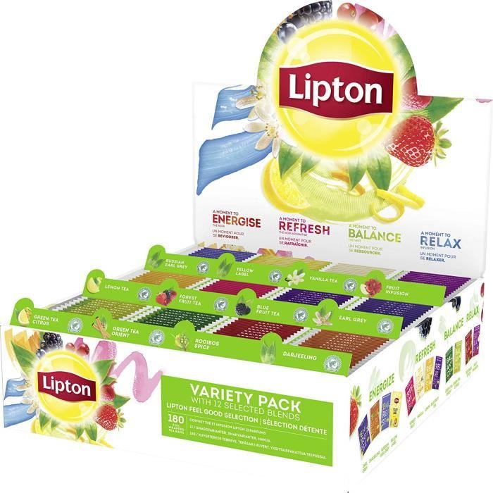 Lipton coffret Thés et Infusions, Sélection Lipton Feel Good, 12 parfums  différents de thés noirs, thés verts et infusions, 1 boite, 180 sachets :  : Epicerie