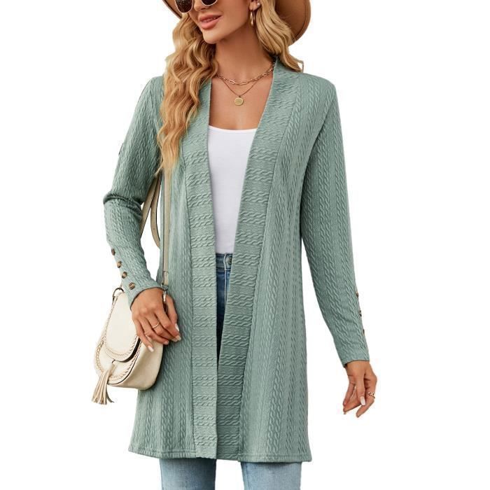 Gilet Femme Mi-longue en Tricot Automne Hiver Cardigan Ouvert Torsadé Manches Longues Avec