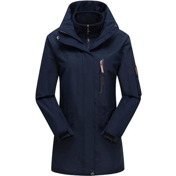 Parka Impermeable Femme Hiver Double Polaire a Capuche 3 en 1 Veste de Ski Chaude Couleur Unie Bleu fonce Cdiscount Pret a Porter