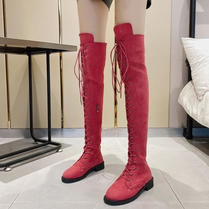 bottes cavalières en daim à la mode - rouge yuanhui - talon épais - au-dessus du genou