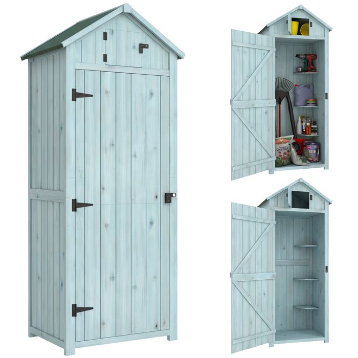 Armoire de jardin - Outsunny - abri outils 3 étagères 2 portes toit bitumé stockage extérieur - bois - 77x54x179cm - bleu