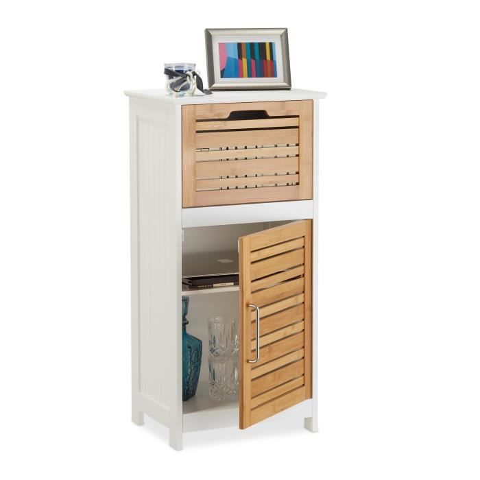 meuble de salle de bain - relaxdays - armoire commode en bambou blanc - tiroir et porte