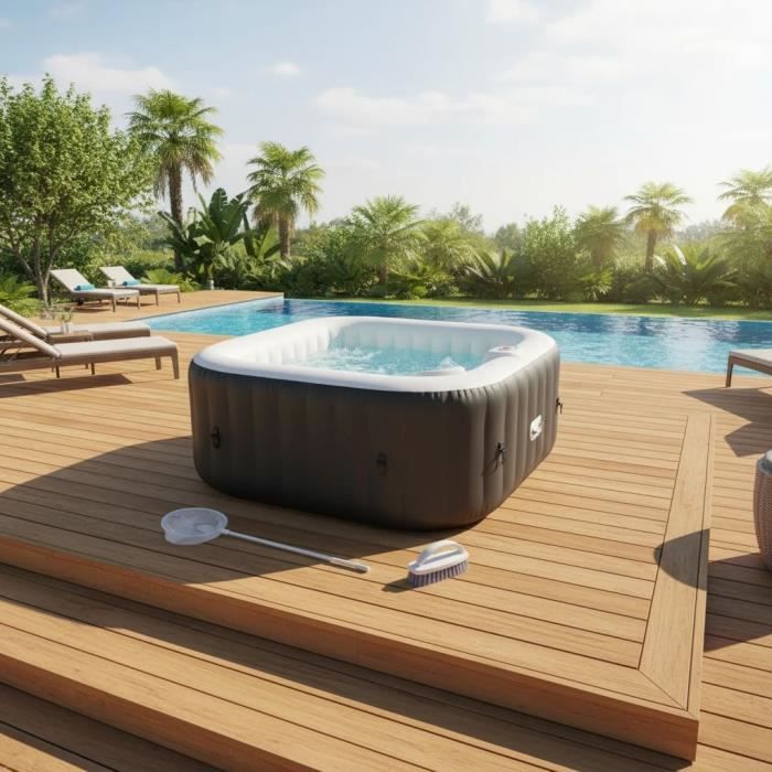 KIT TOUT INCLUS SUNSPA: spa gonflable carré 4 places et accessoires : 2 appuis têtes filtre épuisette brosse tapis couverture