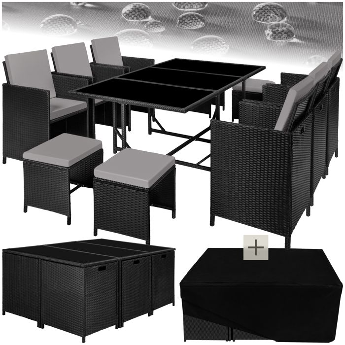 Salon de jardin - TECTAKE - Salon dextérieur MALAGA 10 places en polyéthylène avec housse de protection - Noir