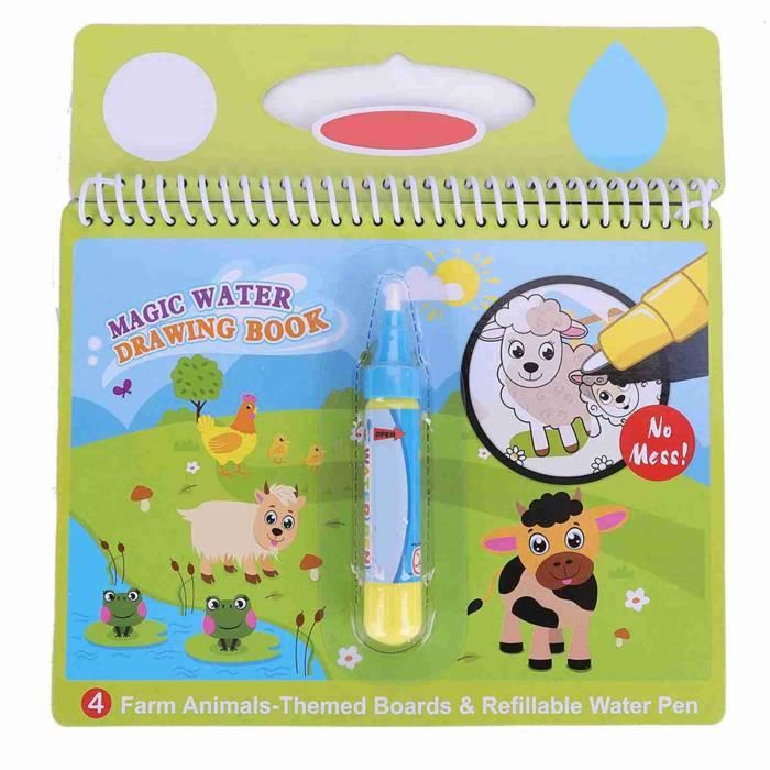 Livre De Dessin Magique à L'Eau - Jouet Éducatif Enfant 3+ Ans - Stylo Rempli D'Eau, Motifs Réutilisables - Ferme, Dinosaure, Véhicules