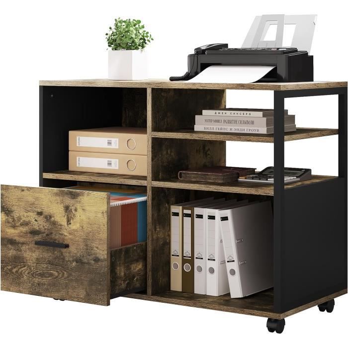 WOLTU Caisson Bureau sur roulettes Meuble Rangement Mobile 1 Tiroir et 4 Compartiments Ouverts Noir+Marron Rustique W0ATT0223