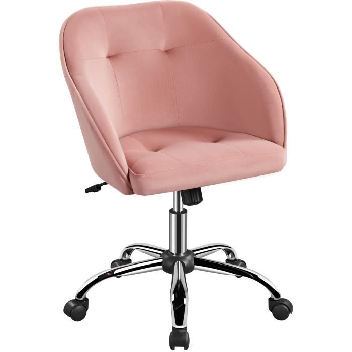 chaise de bureau fauteuil ergonomique en velours pivotante dossier inclinable à 360° avec hauteur d'assise réglable rose-yaheetech
