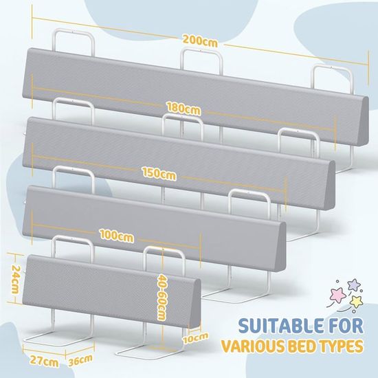 Barrière De Lit Enfant Kuro-sagol - Hauteur Réglable 40-60 Cm, Gris, 200 Cm - Protection Anti-Chute