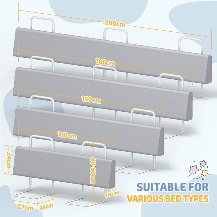 Barrière De Lit Bébé Réglable 40-60 Cm – Forme Modulable (I, L, O, U) – Housse Démontable Lavable – Gris - 6