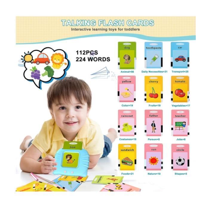Cartes Flash Parlantes Éducatives 112 Cartes - 224 Mots Anglais Pour Enfants 2 à 6 Ans, Jouet Interactif Préscolaire Avec Sons Animaux Et Véhicules