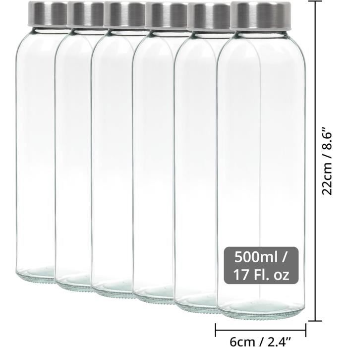 Winter Shore Bouteille Verre 500ml Réutilisable avec Bouchon [Lot de 6] - Gourde Verre Étanche pour Jus, Boissons Chaudes ou Froides, Milk-Shakes, Smoothie, Café - Bouchons en Acier Inoxydable
