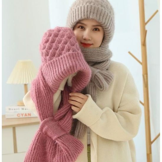 Bonnet-écharpe 2 En 1 Pour Femme - Fausse Fourrure, Tricot épais - Coupe-vent Et Ultra Doux - Taille Unique (tour De Tête 56-59 Cm) - 2