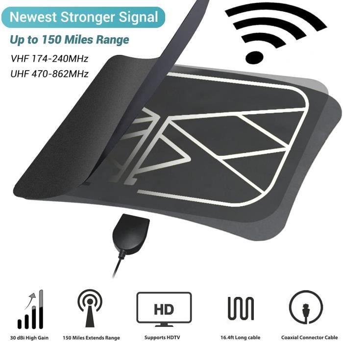 Antenne TV Intérieure Amplifiée 4K/1080P - Réception 360° Longue Portée Pour TNT HD Sans Abonnement