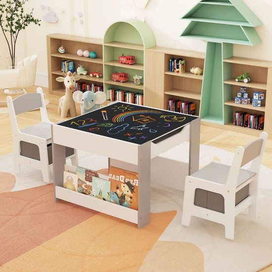 COSTWAY Table Enfant Ronde Avec 4 Chaises Empilables Et Tiroirs En Tissu - Meuble Activité Bois Pour Salle De Jeux Et Chambre