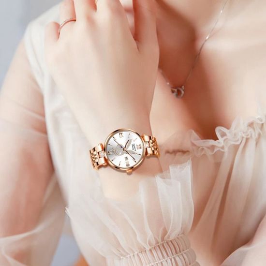 Montre Femme Ernest – Cadran Palmiers Tropical Rose Et Argent – Quartz – Style Casual
