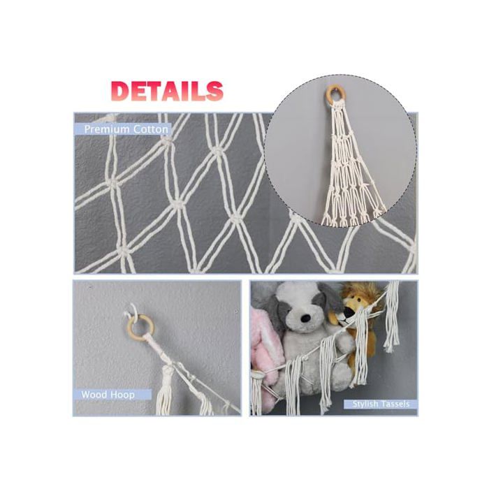 Hamac De Rangement Pour Jouets En Peluche - 135x65cm, Corde Tissée Main, Rangement Malin