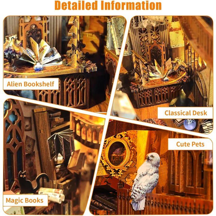 Book Nook Kit DIY Monde Magique avec Lumière LED et Housse Protection, Maison Poupée Miniature Puzzles Bois 3D, Maquette a Construire avec Meubles, Serre Livres Art avec Meublé pour Personnes 14