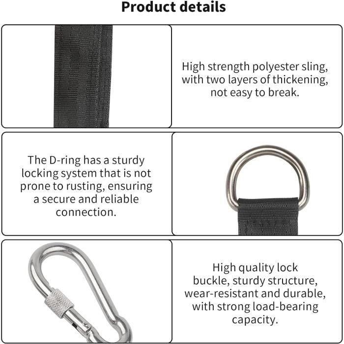 Kit Fixation Hamac 2 Sangles Mousquetons - Support 200 Kg, Facile à Installer, Pour Balançoire Ou Hamac