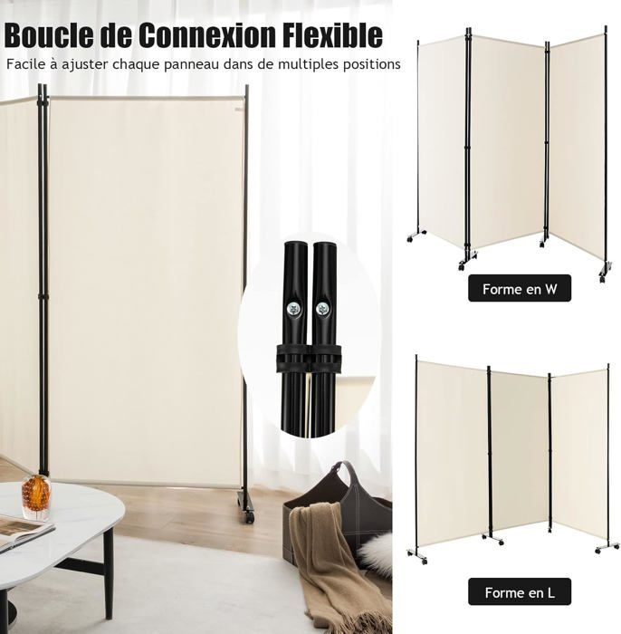 Paravent Pliable GOPLUS 4 Panneaux 225x173cm Avec Roulettes - Séparateur De Pièce Gris