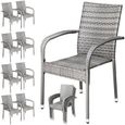 CASARIA® Ensemble de 8 chaises de jardin grises en polyrotin avec accoudoirs empilables structure en acier thermolaqué-0