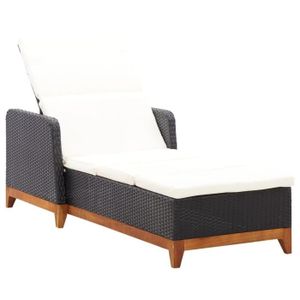 CHAISE LONGUE Chaise longue canapé-lit pour Jardin&Patio - Résine tressée+bois d'acacia massif - Hauteur Réglable - Noir et Crème