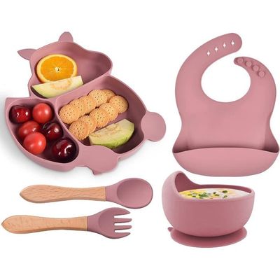 Kit Vaisselle Bébé 7 Pièces Silicone Antidérapant - Couleur Rose, Neuf Sous Emballage