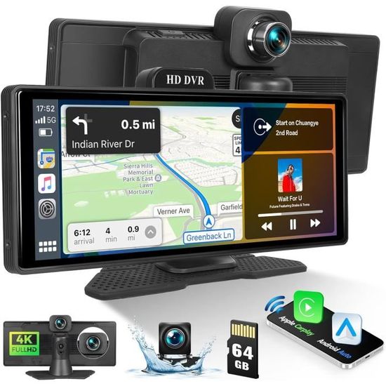Écran Moto 7 Pouces Avec CarPlay/Android Auto Sans Fil + Dashcam 4K/1080P Avant/arrière - GPS WiFi Bluetooth