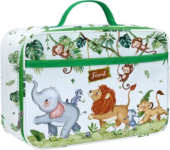 Sac Isotherme Enfant Animaux Forêt - Lunch Box 26x20x10cm - Vert Avec Lions/Girafes - École/Pique-nique
