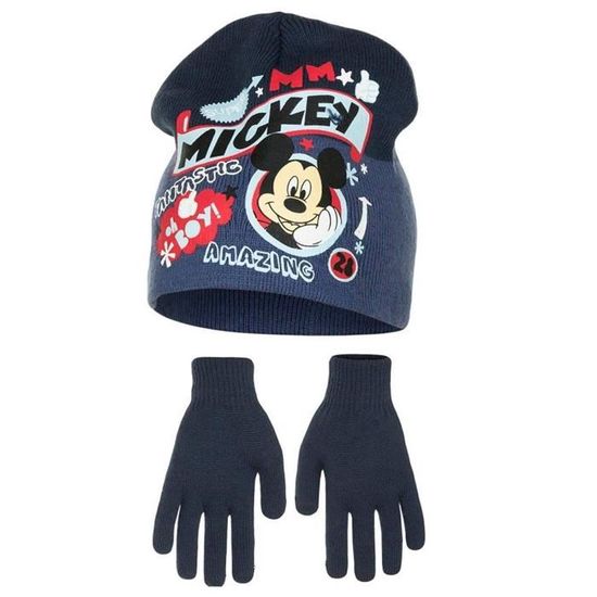 Gants Mickey Bleu Impression Sublimation Acrylique et Polaire Disney Mickey Mouse Ensemble Bonnet Pompon 