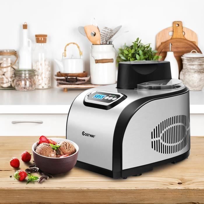 Turbine à Glace 1,5L Sorbetière Électrique 150W Machine à Glace Sorbetière Refrigerante Sans BPA, Argent &Noir