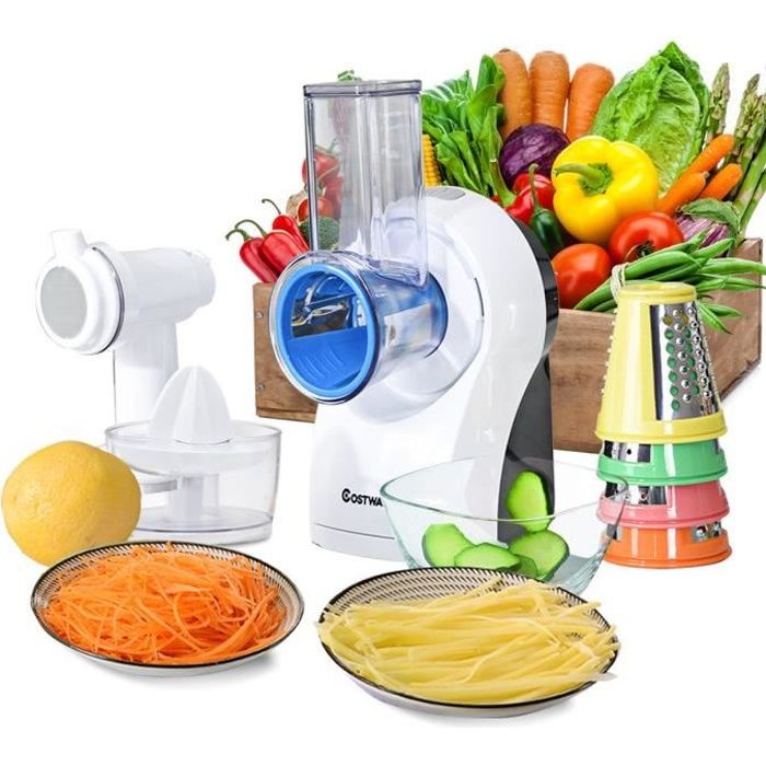 COSTWAY Découpe Légumes 3 en 1 avec 5 Lames en Acier Inoxydable 150W Fin Épais Trancher Fromage Mandoline/Râpe Électrique Fruits