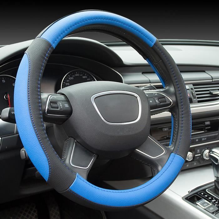 Couvre volant de voiture cuir PU 38CM (Noir/Bleu)