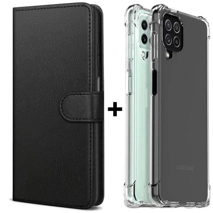 lot 2x Coque GALAXY A22 4G Coque Effet Cuir Fermeture Magnétique Anti Choc silicone transparent Noir