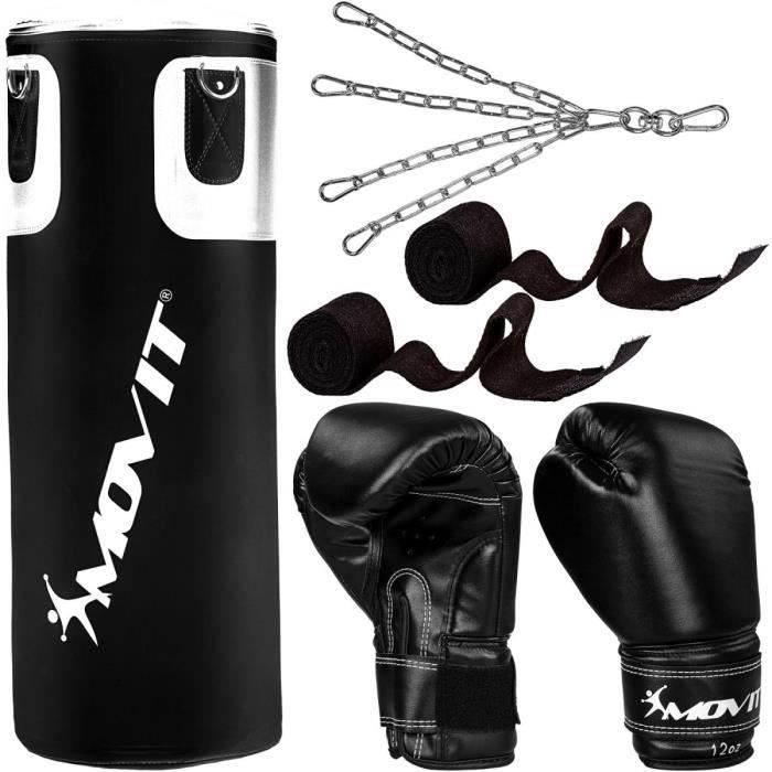 Kit de boxe Movit® avec sac de boxe 25 kg, 2 gants de boxe 12 oz, 2 bandes de maintien, convient pour les adultes, couleur noir
