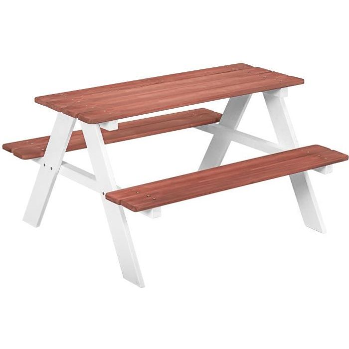 Table de pique-nique enfant - 2 bancs - assises, plateau à lattes - bois sapin blanc brique 89x79x50cm Rouge