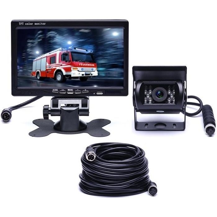 Podofo Caméra de recul 18 IR LED Night Vision 7 -TFT LCD Moniteur pour RV-Bus-Trailer-Truck-Caravan (Câble d'Extension à 4 Broches
