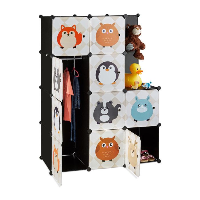 Relaxdays Étagère rangement enfants casier modulable plastique animaux penderie armoire portes tringle, coloré - 4052025245269