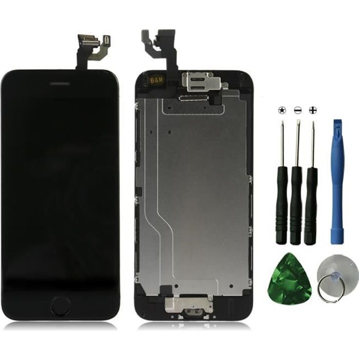 TECHSTICK® Kit de Réparation Ecran complet assemblé pour iPhone 6 vitre tactile + ecran LCD +Camera avant+ Bouton Home + outils Noir