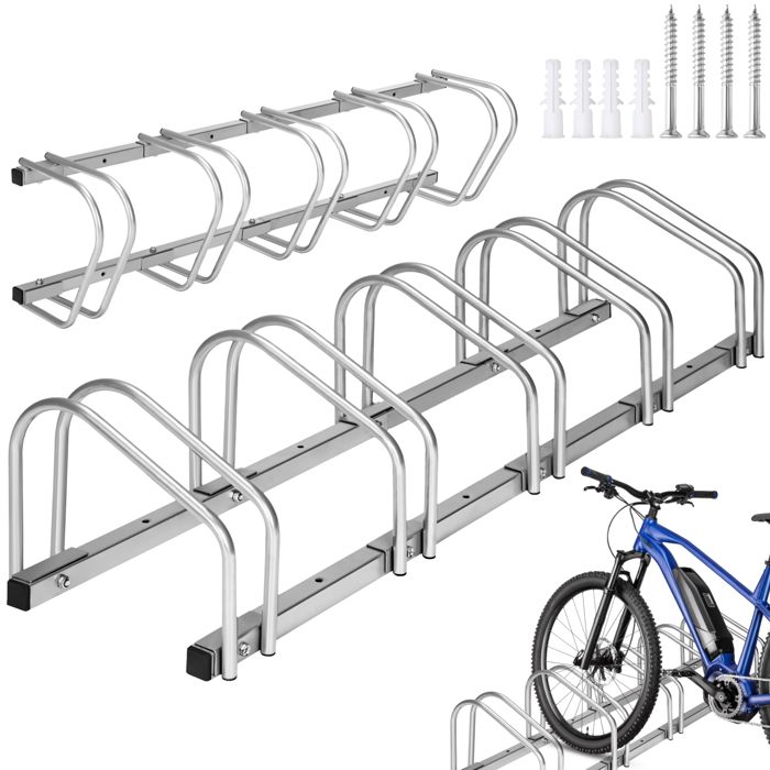 TECTAKE Râtelier Vélo au Sol et Mural, pour 5 Vélos en Acier 130 cm x 28,5 cm x 26 cm Gris