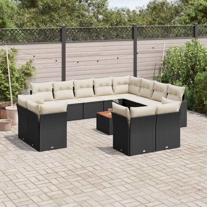 vidaXL Salon de Jardin avec Coussins 13 pcs Canapés de Terrasse Ensemble de Meubles de Patio Mobilier dExtérieur Noir 3223949