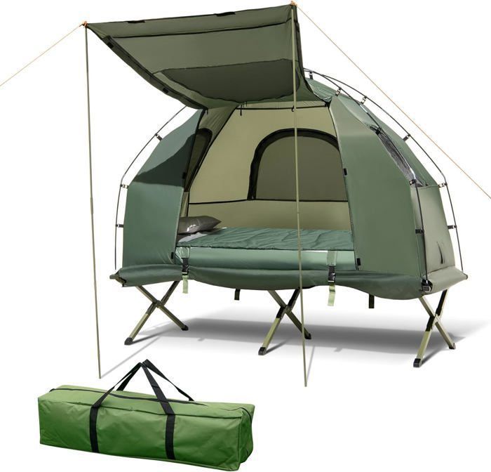 GOPLUS 5-en-1 Lit de Camping 1 Adulte, Tente Pliante avec Auvent, Tente Surélevée avec Matelas Oreiller Pneumatique,Sac de Couchage