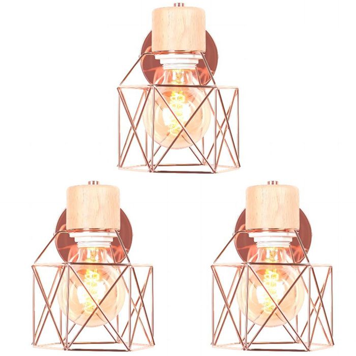 WOTTES Lot de 3 Applique industrielle en bois - Lampe Design Cage Ø14cm - Or rose Pour Chambre Salon Restaurant WOTTES Lot de 3 Applique industrielle en bois - Lampe Design Cage Ø14cm - Or rose Pour Chambre Salon Restaurant
