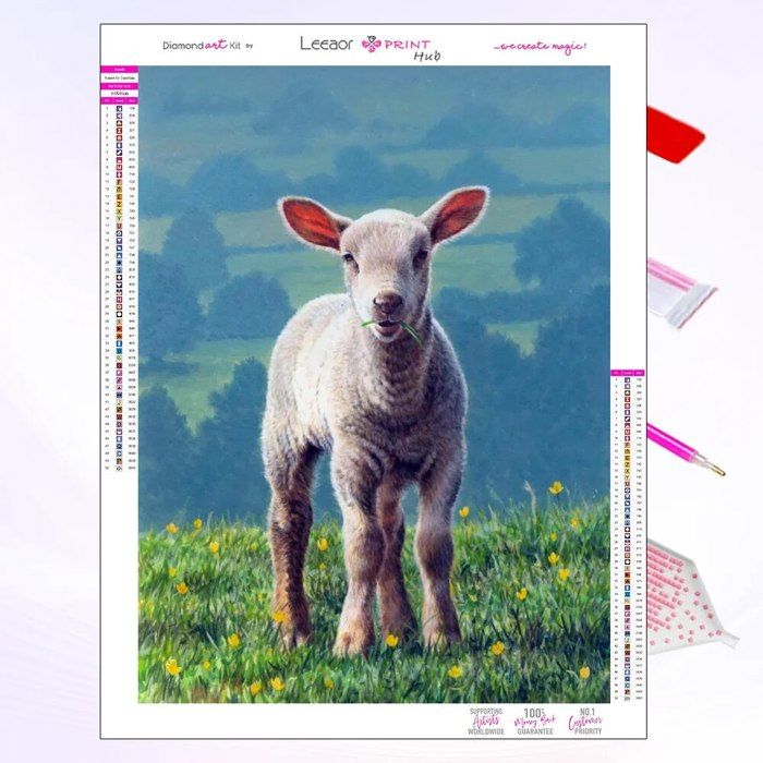 Tableau Diamant 5D 'Mouton & Fleurs' - Kit Diamond Painting Rond Complet 20x30 Cm, Loisir Créatif Adulte, Déco Murale