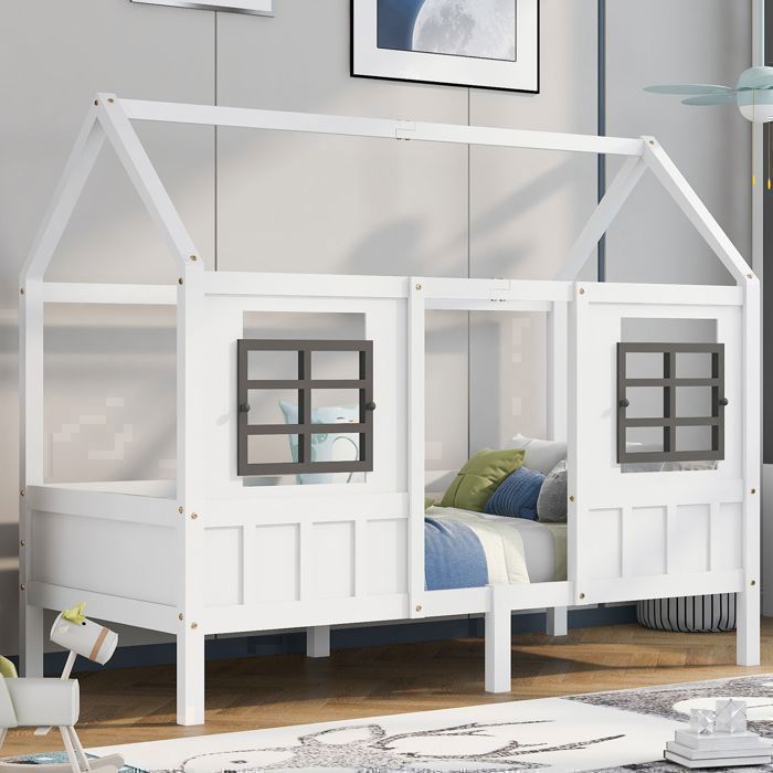 Lit cabane - PUGSDRLY - Lit maison avec fenêtres - 90 x 200 cm - 2 fenêtres - Pin+MDF